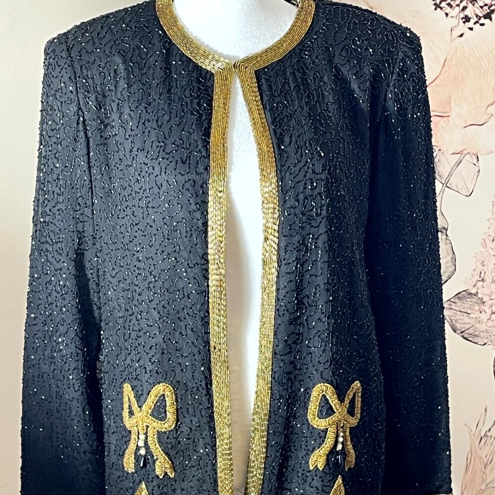 Leslie Fay Evening Vintage Gold and Black Stunning Beaded Jacket Pearl Accents M